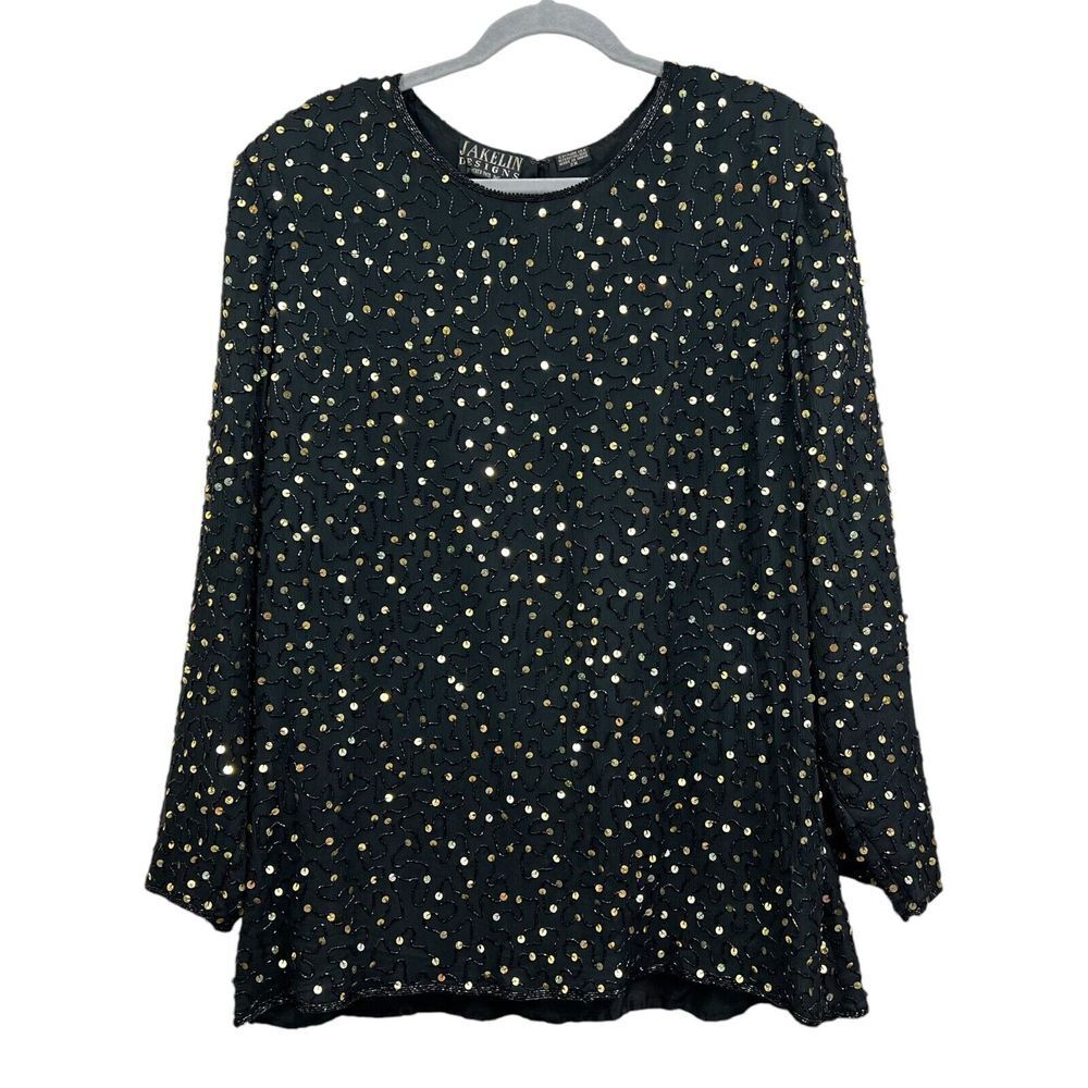 Vintage Jakelin Designs Womens Silk Blouse Sequins Beaded Lined Black Size 2X*